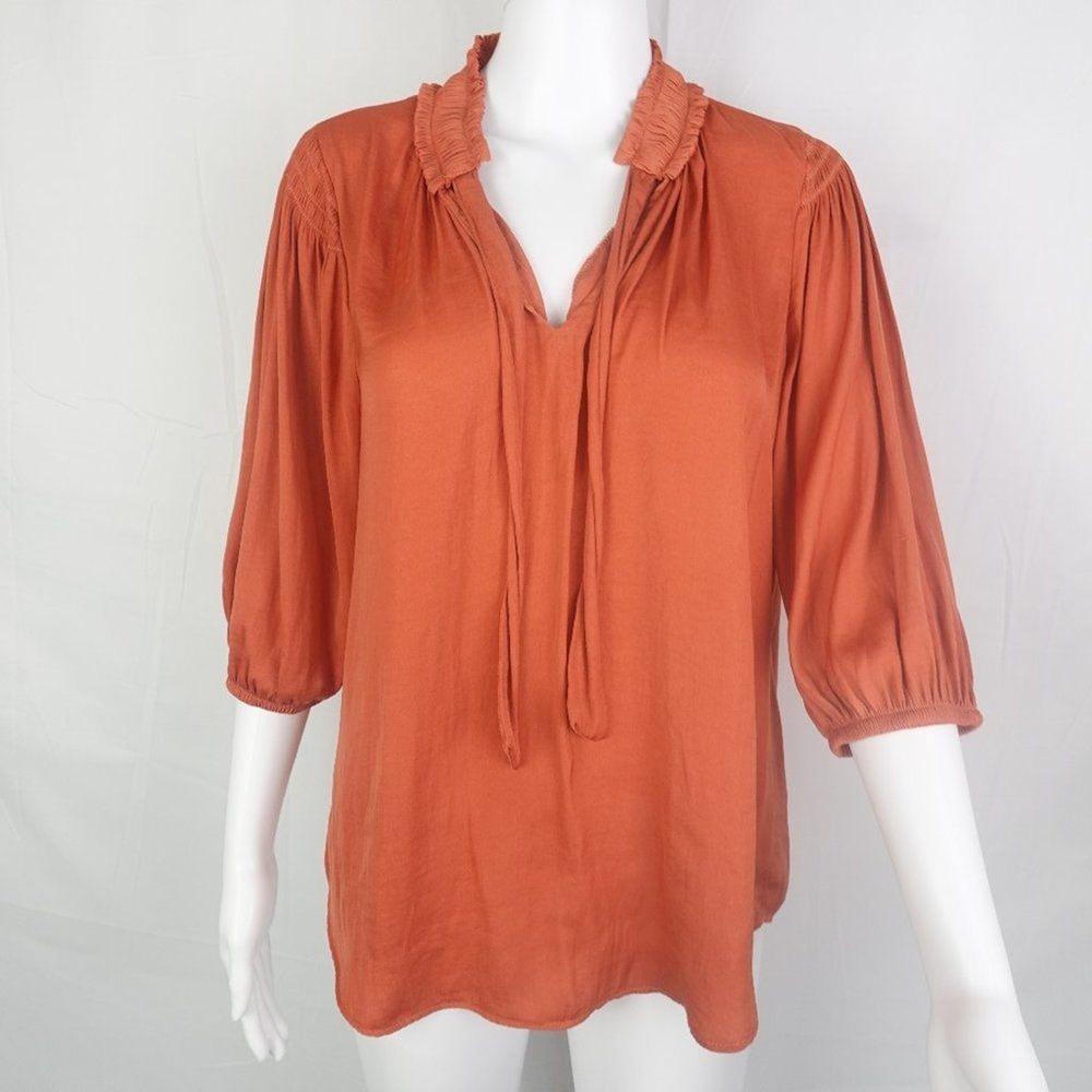 Joie Womens Size Small Ruched‎ Collar Burnt Orange Tie Blouse Ruffle